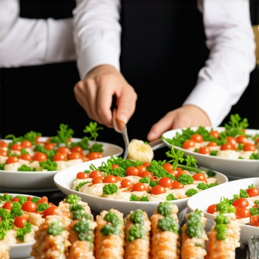 Catering servers in formal attire passing plates at a wedding reception.