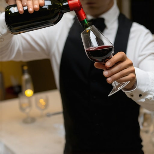 Server pouring wine with precision at a luxurious event.