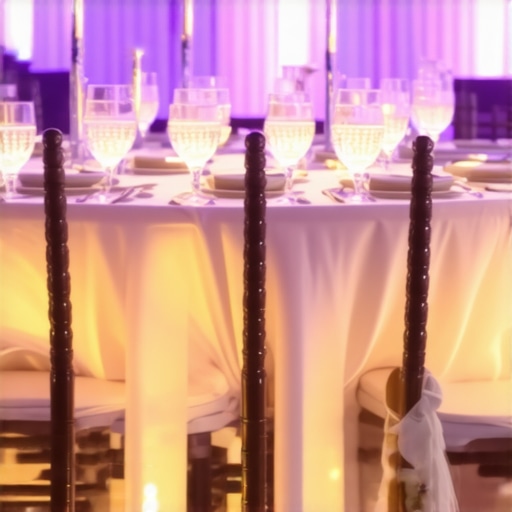 Warm LED uplights illuminating a wedding table with luxurious linens.