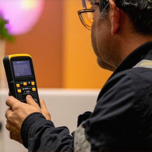 Equipment Maintenance Tools in Action Technician troubleshooting event equipment with multimeter and thermal camera