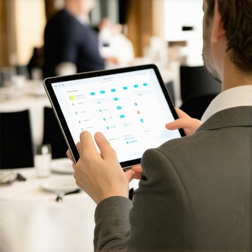A person managing event logistics with a tablet and communication apps at a busy corporate event.