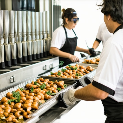 Catering staff inspecting and maintaining kitchen equipment at a corporate event.