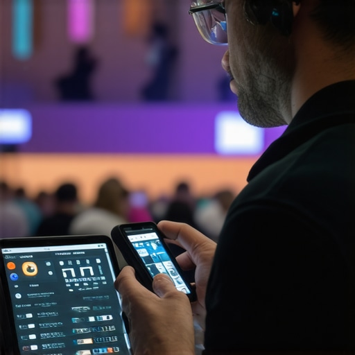 Technician checking IoT sensors on AV equipment at an event