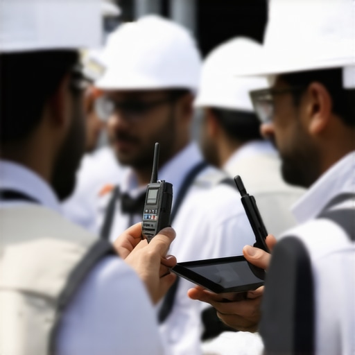 Professional event staff communicating with walkie-talkies and tablets during a seamless event