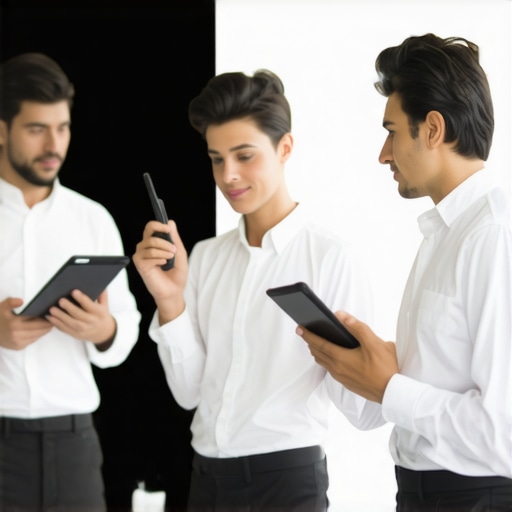 Catering team coordinating with walkie-talkies and tablets at a wedding or corporate event.
