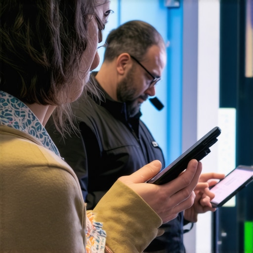 Event staff coordinating with radios and tablets at a large conference.