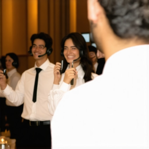 Photographer and servers communicating using headsets and hand signals at a wedding