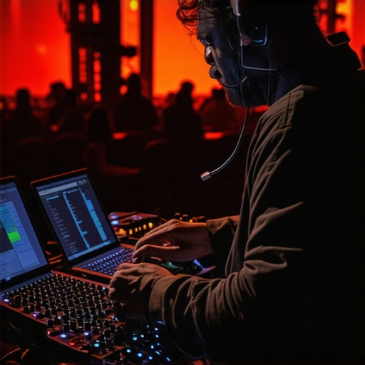 Event technician calibrating sound system on stage