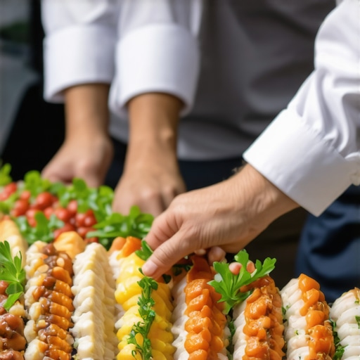 Caterers professionally serving guests at a wedding or corporate event, showcasing coordination and skill.