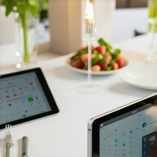 Catering staff coordinating with tablets and communication devices during an event.