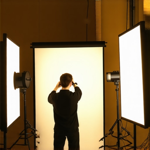Photographer adjusting LED panel to optimize lighting for headshot session.
