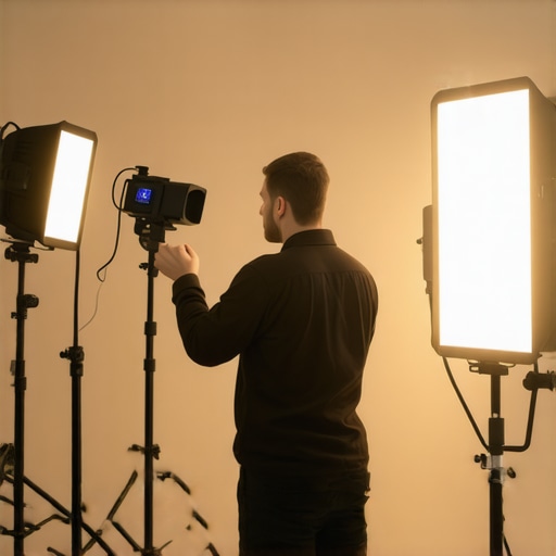Lighting setup in an industrial venue Photographer arranging portable LED lights in a spacious industrial warehouse