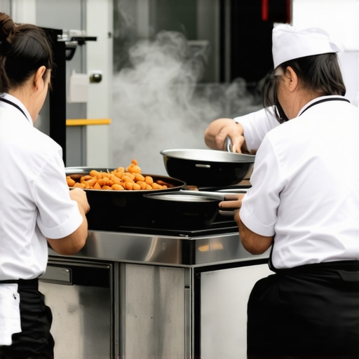 Catering staff using portable cooking equipment at an outdoor event