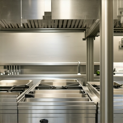 Modern Catering Kitchen Equipment and Maintenance Tools Chef's workspace with state-of-the-art kitchen appliances and maintenance tools