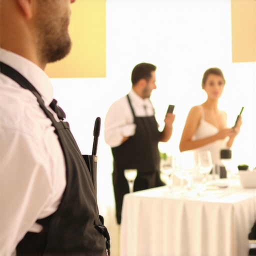Modern Catering Tools in Action Catering staff managing event with portable lighting and radios