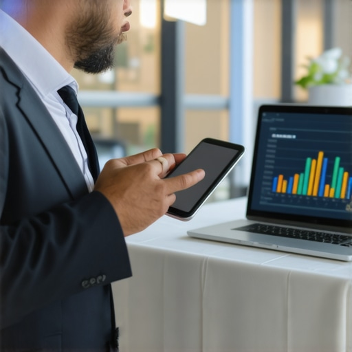 Event planner coordinating event logistics using digital devices
