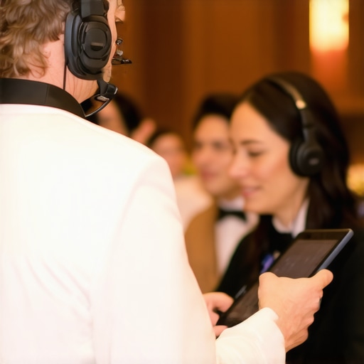 Servers in formal attire using communication devices to manage service smoothly at a wedding