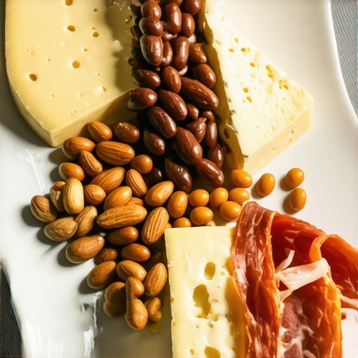A sophisticated platter of cheese, nuts, and cured meats arranged neatly for easy handling.
