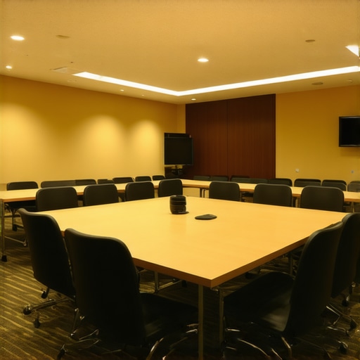 Optimized Venue Layout for Corporate Event Conference room setup with separate zones, professional lighting, sound systems, and catering stations ensuring smooth flow.