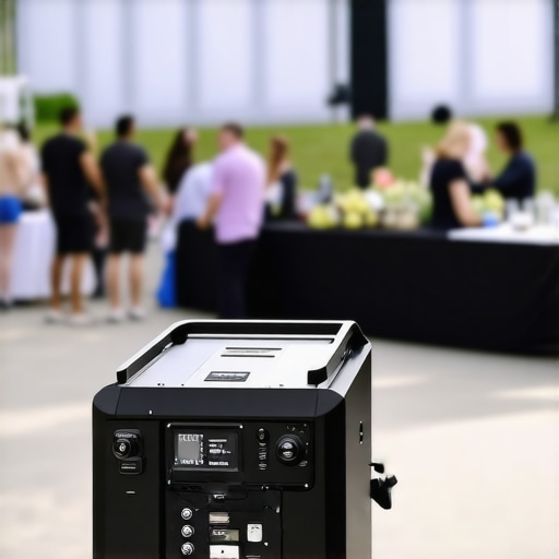 A portable generator powering lighting and sound at an outdoor wedding