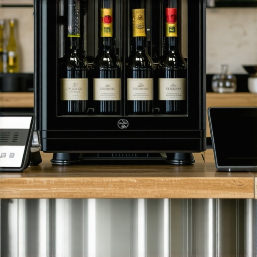 A display of advanced catering tools like wine preservation systems and wireless POS devices on a professional setup.