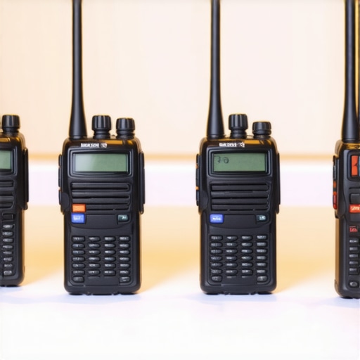 Group of walkie talkies with clear displays and microphones used for event coordination