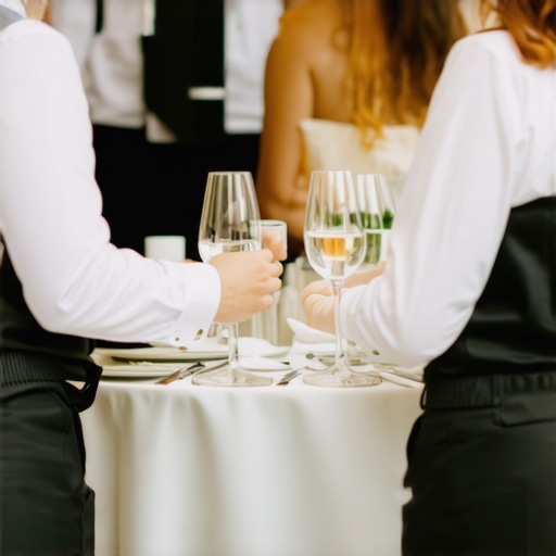 Event staff using walkie-talkies and subtle gestures to coordinate at a wedding reception.