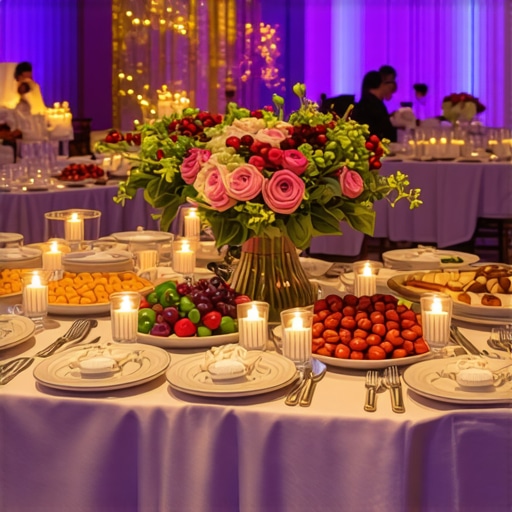 A stylish, well-organized corporate breakfast station with interactive elements and warm lighting