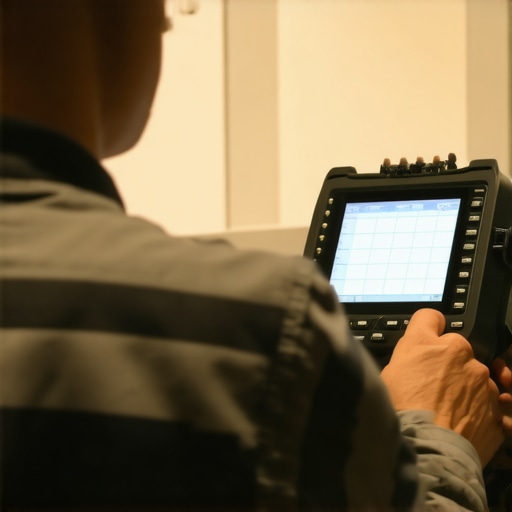 Technician analyzing AV signals during event setup with a digital oscilloscope.