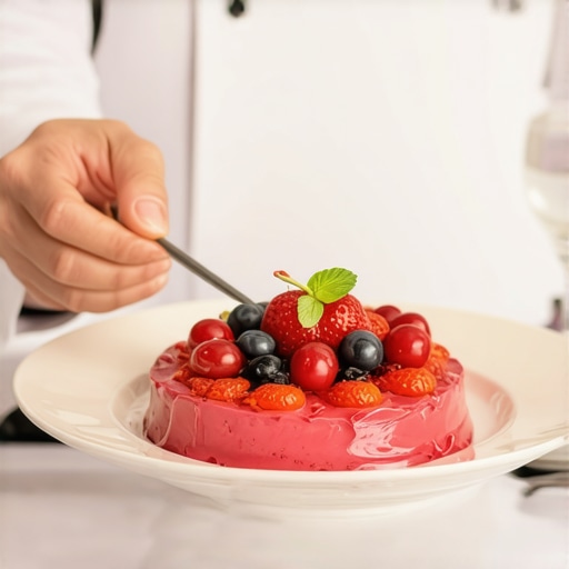 Server carefully plating a dessert on a fine china plate at a wedding or corporate event.