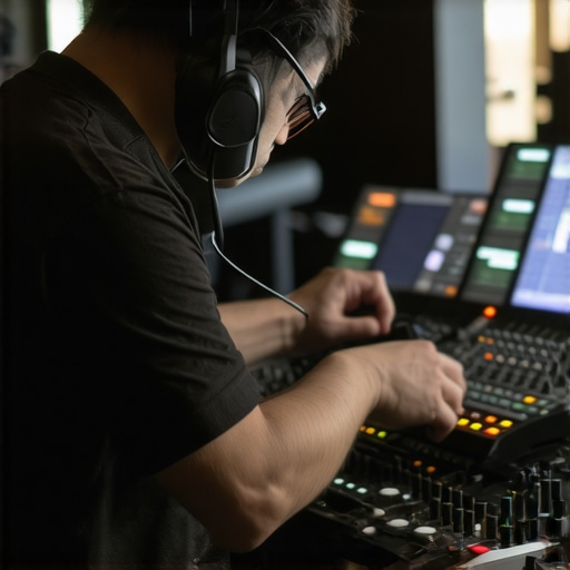 Technician checking sound equipment during preventive maintenance in a venue