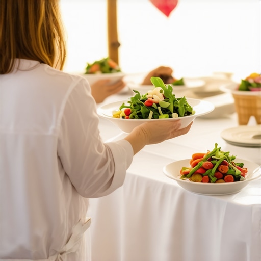 Catering staff passing dishes at an elegant wedding reception for social interaction.