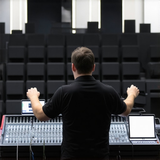 Engineer optimizing speaker setup to reduce echo in a modern conference hall