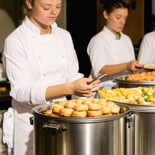 Catering staff managing food service with modern equipment during a large event.