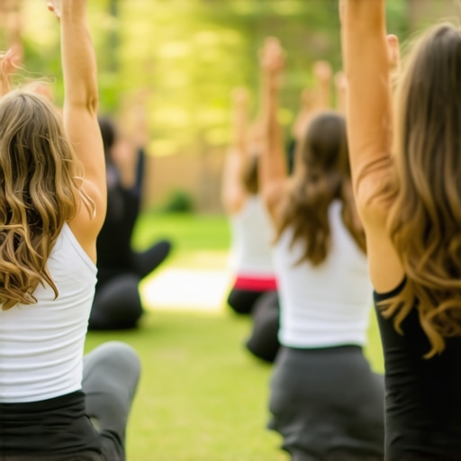 Group of professionals doing light stretches outside during a corporate retreat