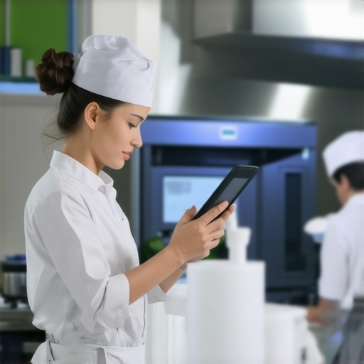 Tech-Driven Catering Operations Catering staff in a contemporary kitchen using digital tools for inventory and scheduling