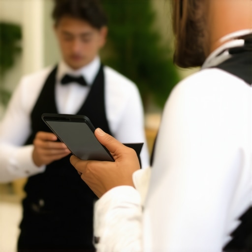 Catering staff coordinating with tablets and radios at a wedding