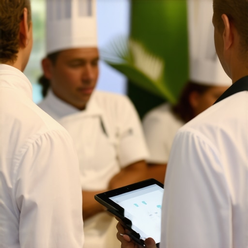 Tech-Savvy Catering Staff Managing Inventory Catering professionals managing inventory with tablets at a busy event