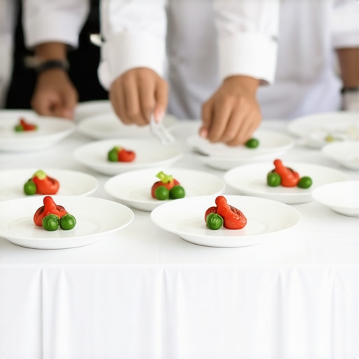 Catering staff organizing matching platters and glasses for a corporate function.