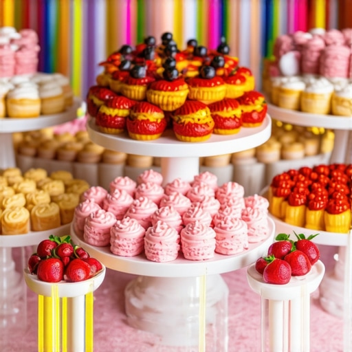 Beautifully arranged wedding dessert station with an array of sweets and decorative lighting
