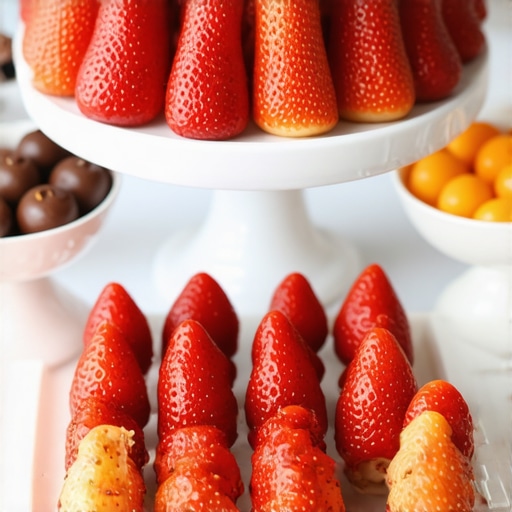 Elegant wedding dessert display with strawberries and chocolates