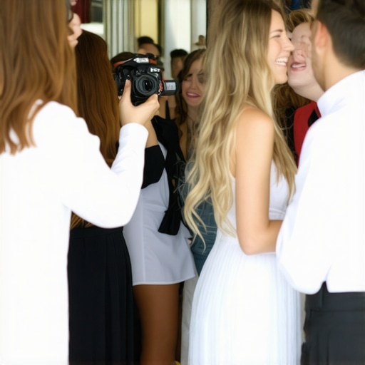 Wedding guests waiting in a well-organized photo booth line managed by staff