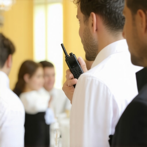 Professional wedding servers communicating during a reception.