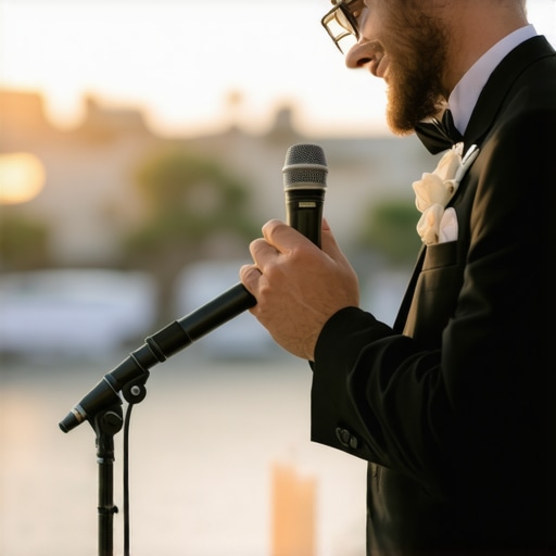 Wedding speaker practicing timing A person practicing wedding toast with a timer in a decorated venue