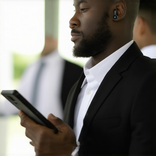 Event staff coordinating with wireless earpieces and tablets at a modern corporate function.