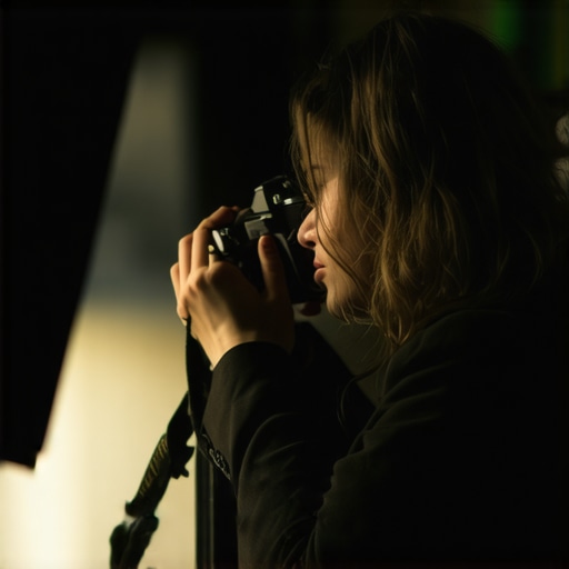 Photographer using a camera with professional equipment in a dimly lit wedding venue