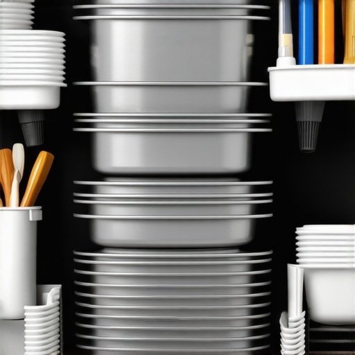 Stacks of catering trays, cleaning brushes, and maintenance supplies in a professional catering kitchen