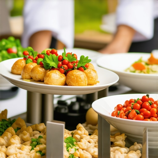 Elegant catering station with diverse food options and professional servers