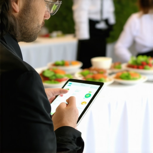 Caterer utilizing a tablet to coordinate event logistics with staff in a modern setup.