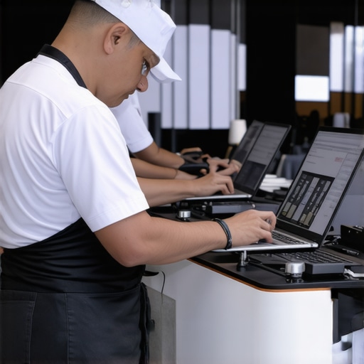 Catering staff performing maintenance checks on equipment and software during an event